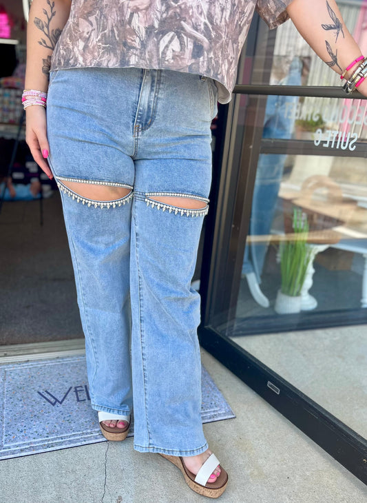 Light Wash Cut Out Front Rhinestone Jeans
