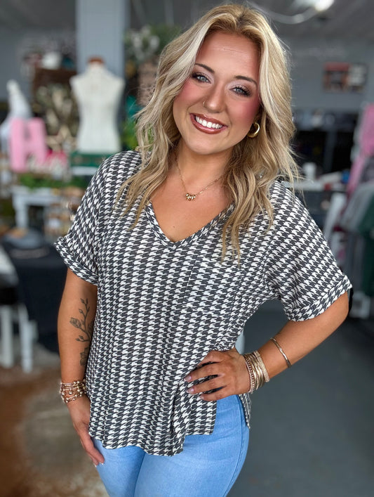 Houndstooth V-Neck Top