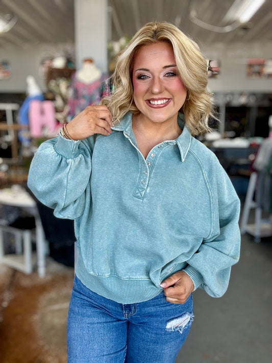 Ash Blue Acid Wash Quarter Button Pullover