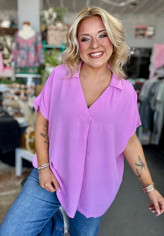 Mauve Oversized Crinkle Collared V-Neck Top