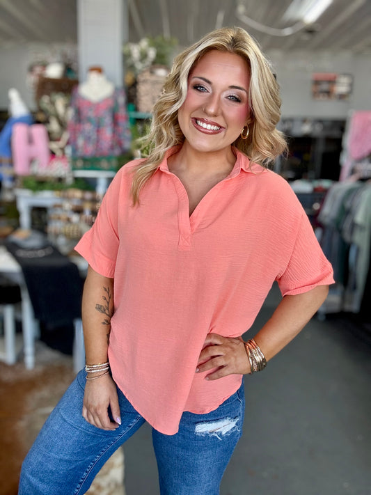Coral Crinkle Collared V-Neck Top