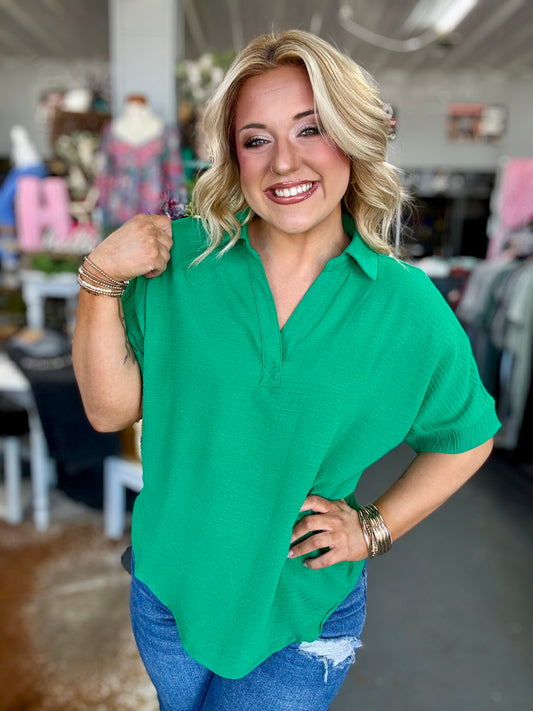 Kelly Green Crinkle Collared V-Neck Top