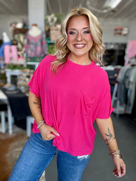 Hot Pink Ribbed Pocket Top