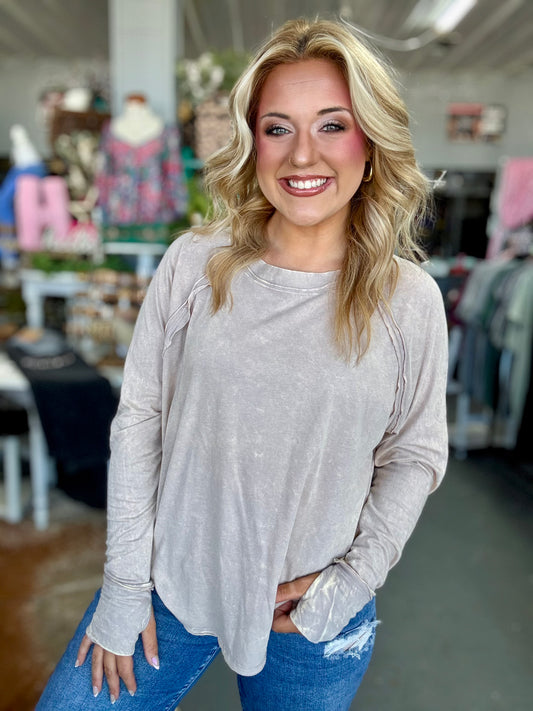 Ash Mocha Acid Wash Thumb Hole Cuff Long Sleeve Top